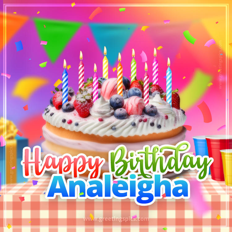 Happy Birthday Analeigha Colorful Image with fruit cake and candles (square shape image)