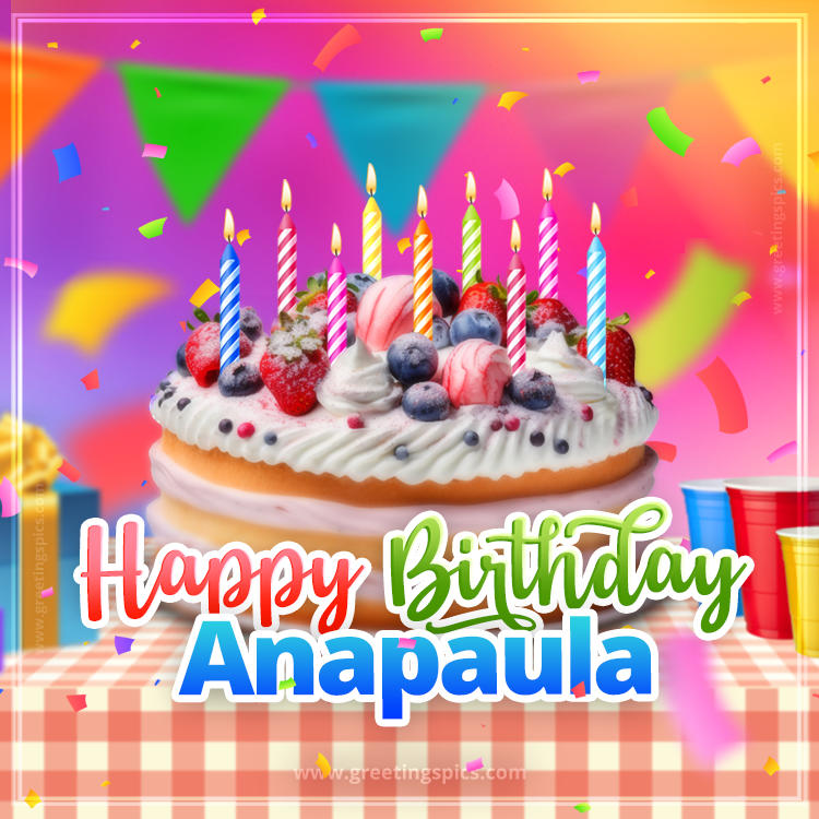 Happy Birthday Anapaula Colorful Image with fruit cake and candles (square shape image)