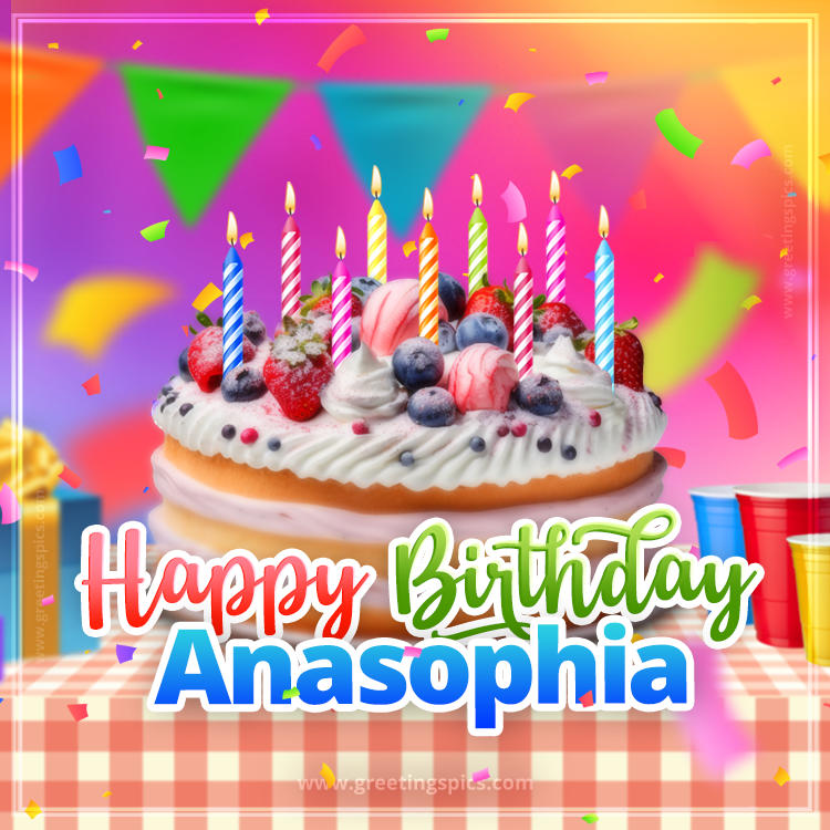 Happy Birthday Anasophia Colorful Image with fruit cake and candles (square shape image)