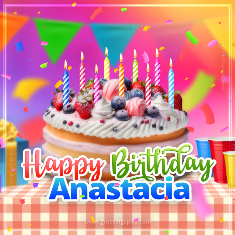 Happy Birthday Anastacia Colorful Image with fruit cake and candles (square shape image)