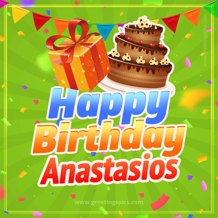 Happy Birthday Anastasios picture with flags, chocolate cake and gift box (square shape image)