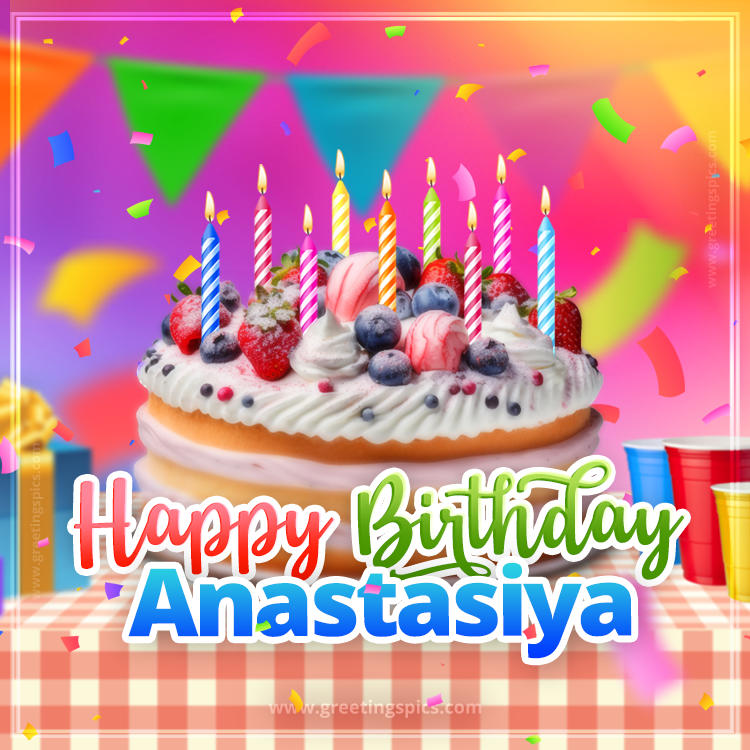 Happy Birthday Anastasiya Colorful Image with fruit cake and candles (square shape image)