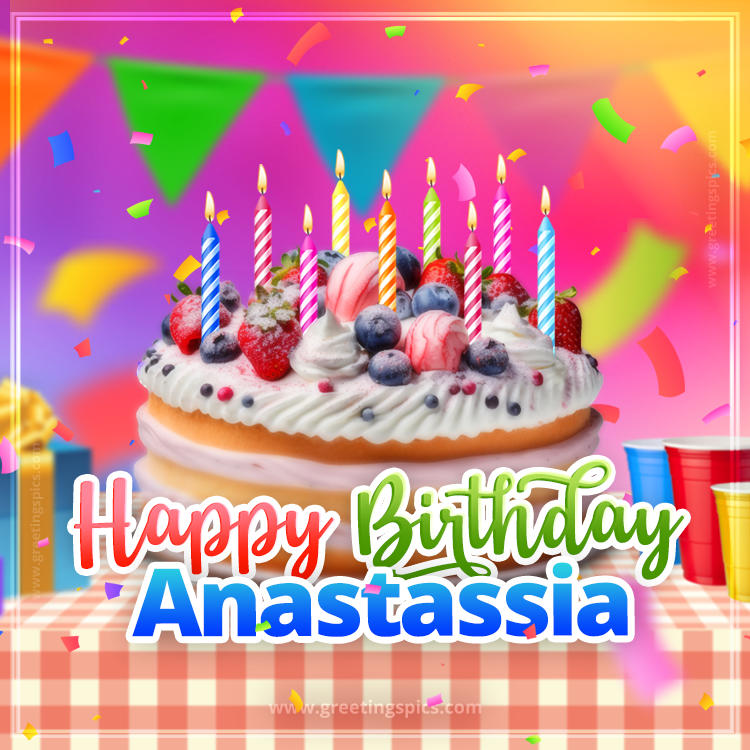 Happy Birthday Anastassia Colorful Image with fruit cake and candles (square shape image)