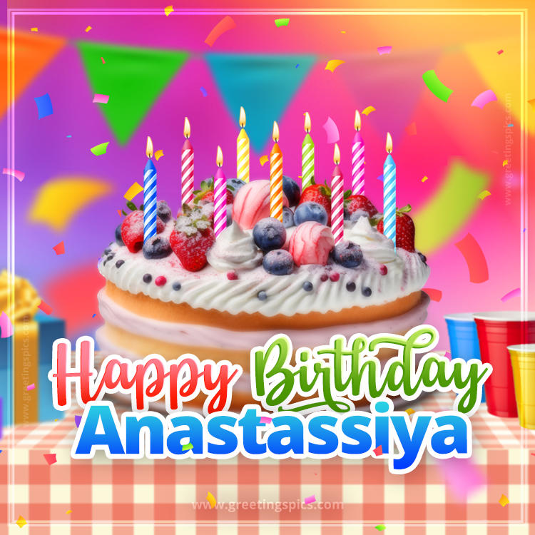 Happy Birthday Anastassiya Colorful Image with fruit cake and candles (square shape image)