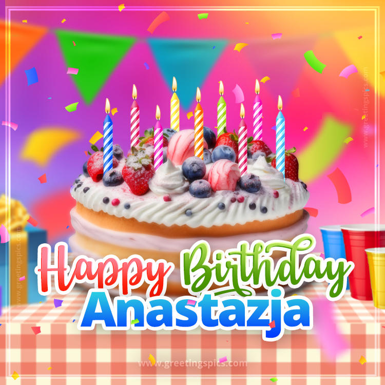 Happy Birthday Anastazja Colorful Image with fruit cake and candles (square shape image)