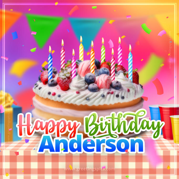 Happy Birthday Anderson Colorful Image with fruit cake and candles (square shape image)