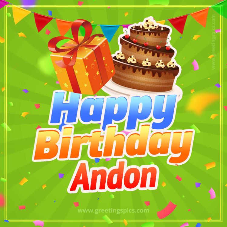 Happy Birthday Andon picture with flags, chocolate cake and gift box (square shape image)