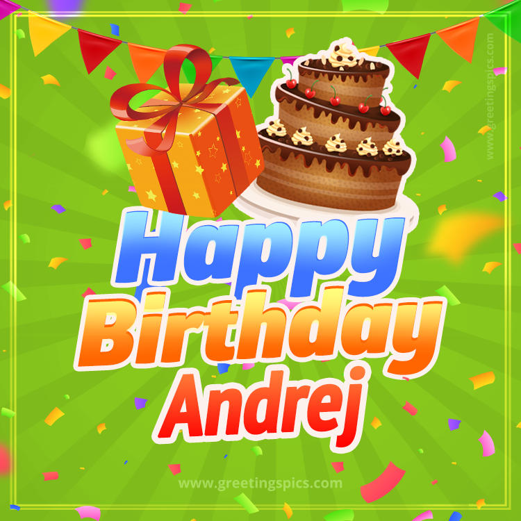 Happy Birthday Andrej picture with flags, chocolate cake and gift box (square shape image)