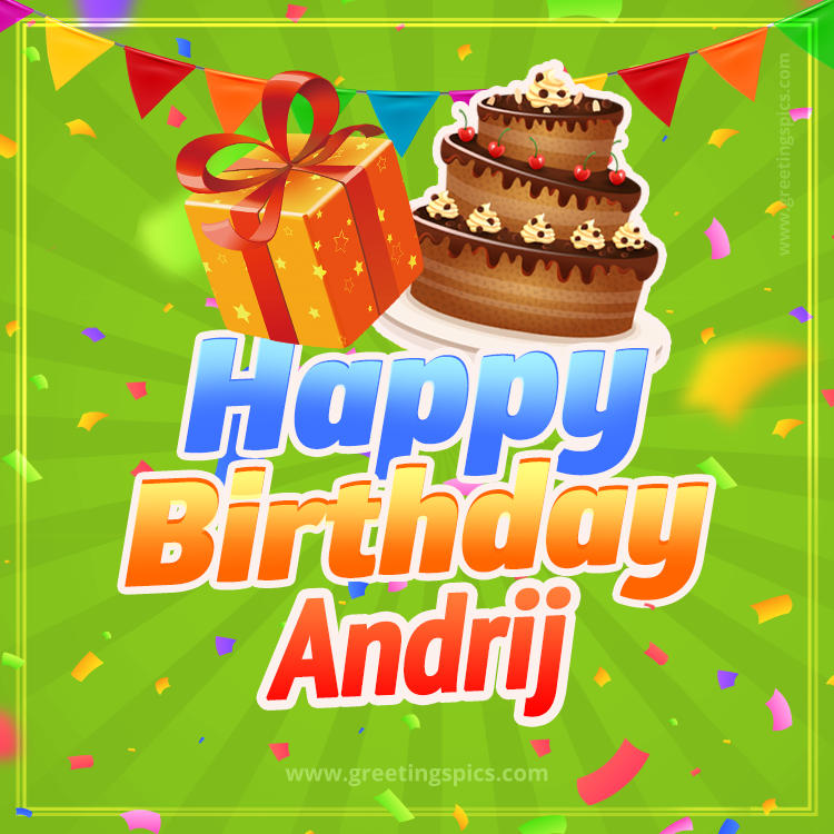 Happy Birthday Andrij picture with flags, chocolate cake and gift box (square shape image)