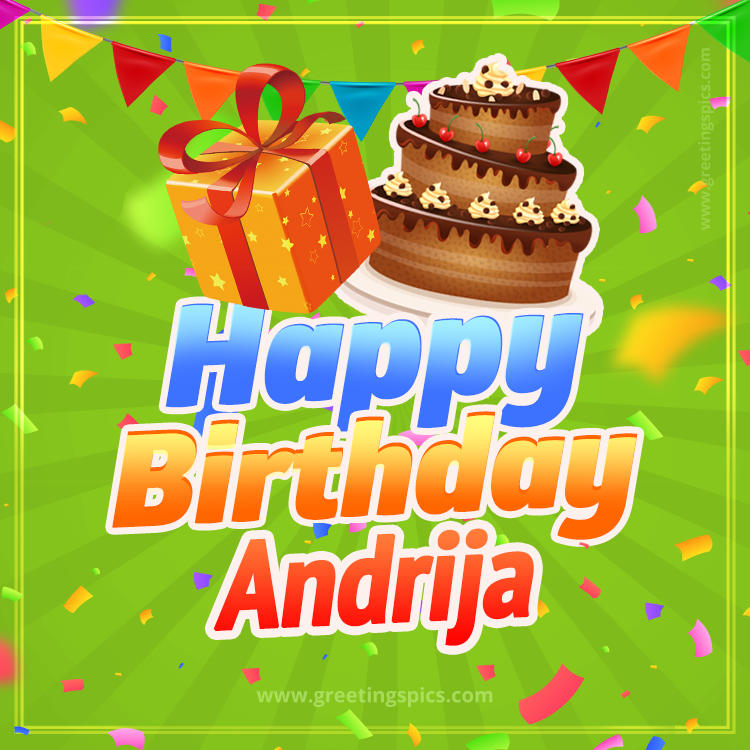 Happy Birthday Andrija picture with flags, chocolate cake and gift box (square shape image)