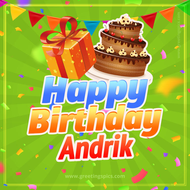 Happy Birthday Andrik picture with flags, chocolate cake and gift box (square shape image)