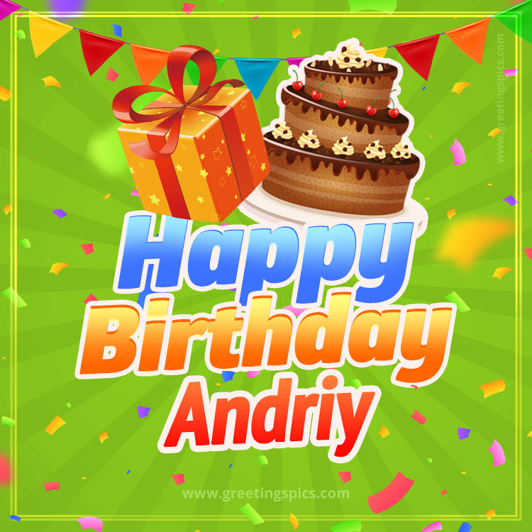 Happy Birthday Andriy picture with flags, chocolate cake and gift box (square shape image)