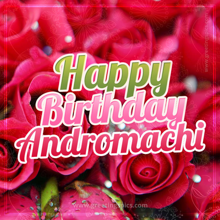 Happy Birthday Andromachi beautiful Image with red roses (square shape image)