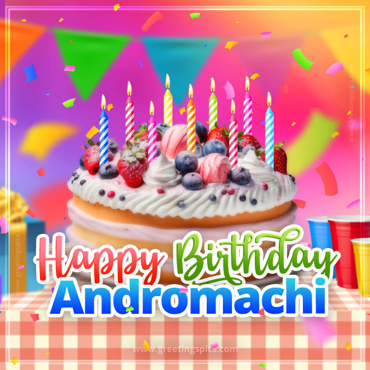 Happy Birthday Andromachi Colorful Image with fruit cake and candles (square shape image)