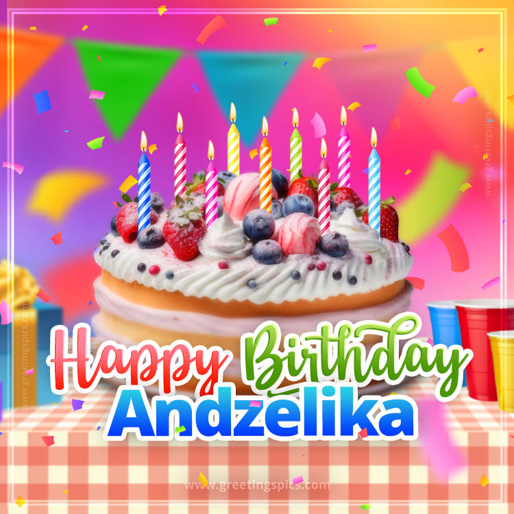 Happy Birthday Andzelika Colorful Image with fruit cake and candles (square shape image)