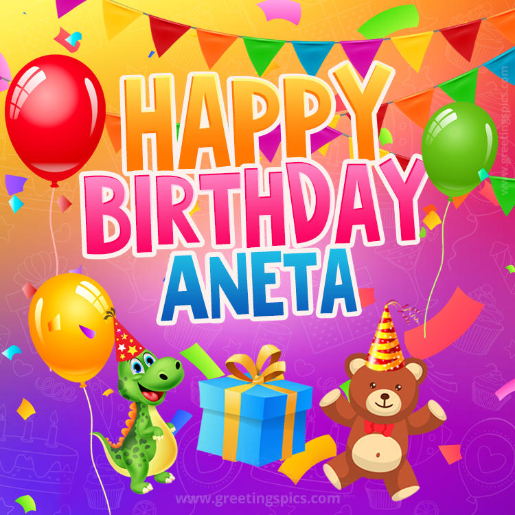 Happy Birthday Aneta Image for a child with cute dinosaur and bear (square shape image)