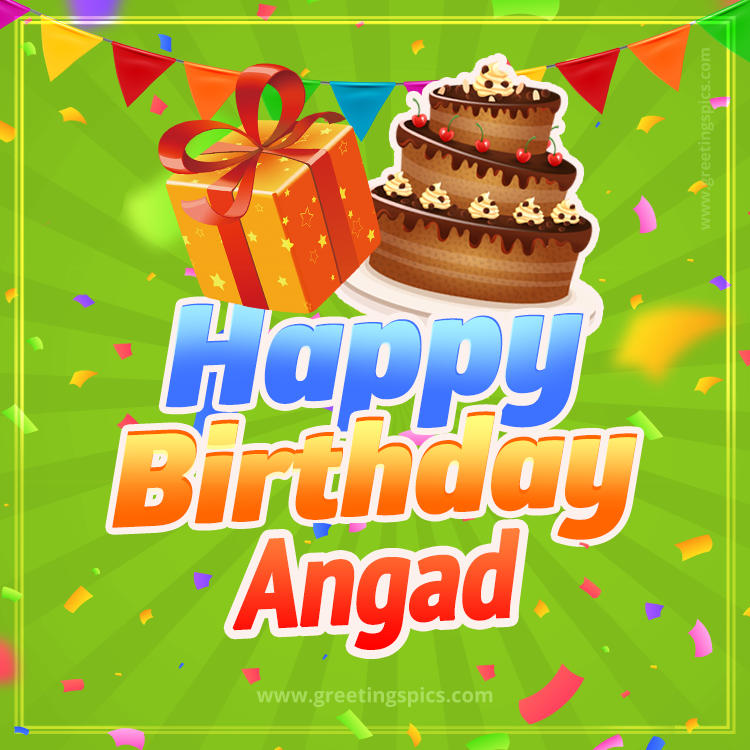 Happy Birthday Angad picture with flags, chocolate cake and gift box (square shape image)