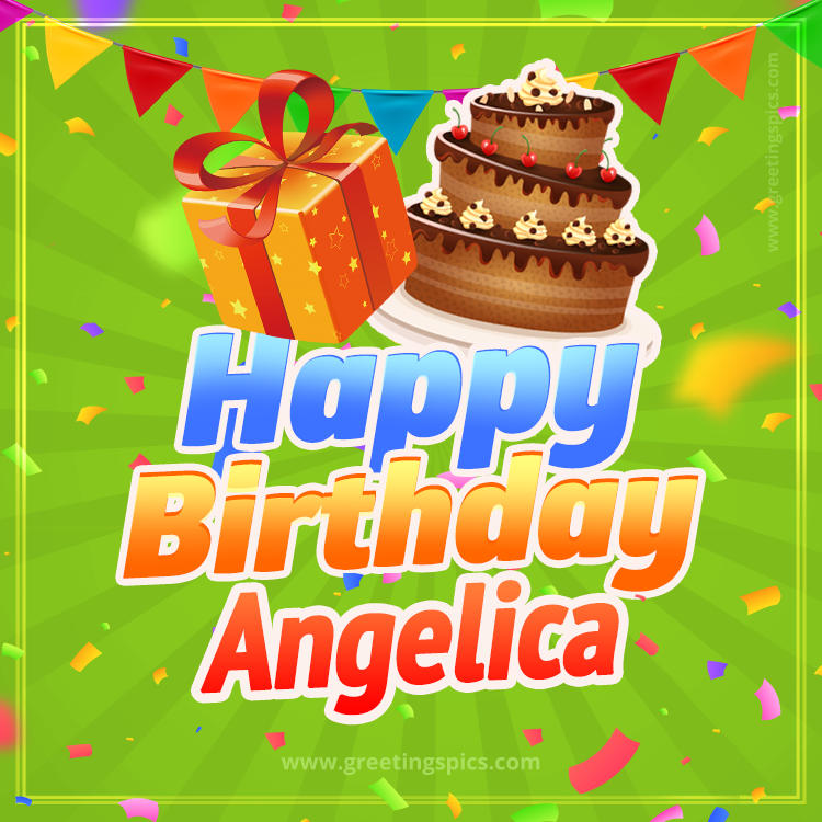 Happy Birthday Angelica picture with flags, chocolate cake and gift box (square shape image)