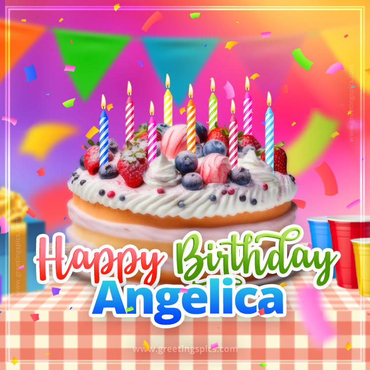 Happy Birthday Angelica Colorful Image with fruit cake and candles (square shape image)