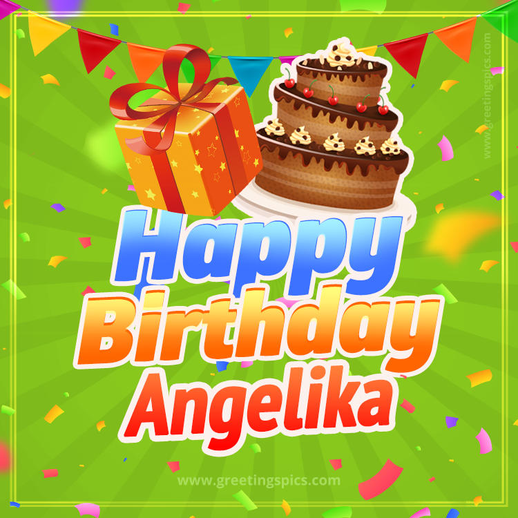 Happy Birthday Angelika picture with flags, chocolate cake and gift box (square shape image)