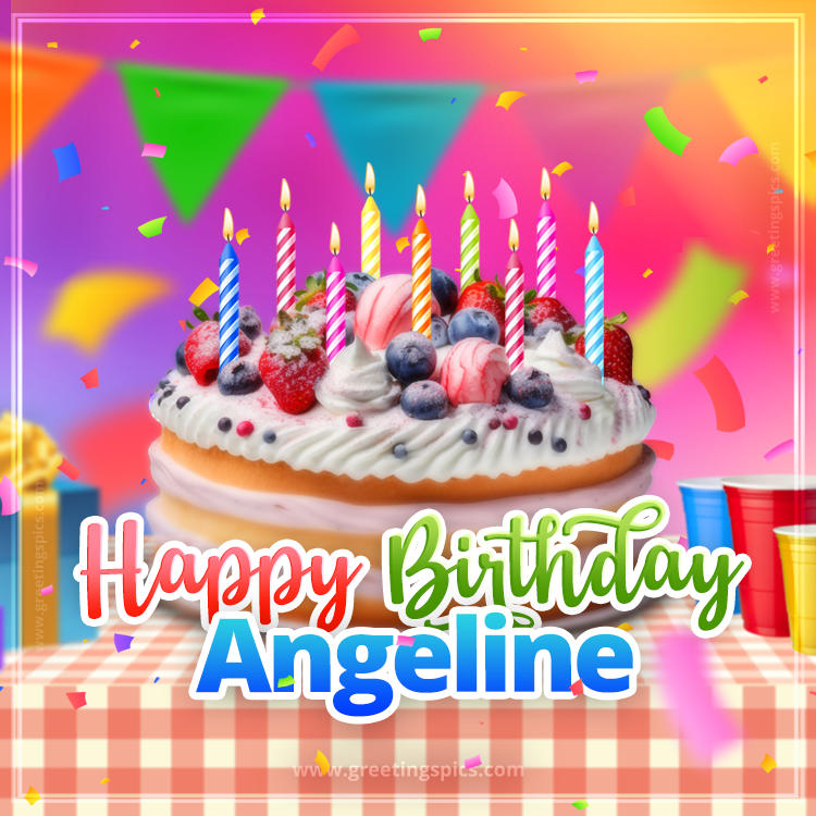 Happy Birthday Angeline Colorful Image with fruit cake and candles (square shape image)