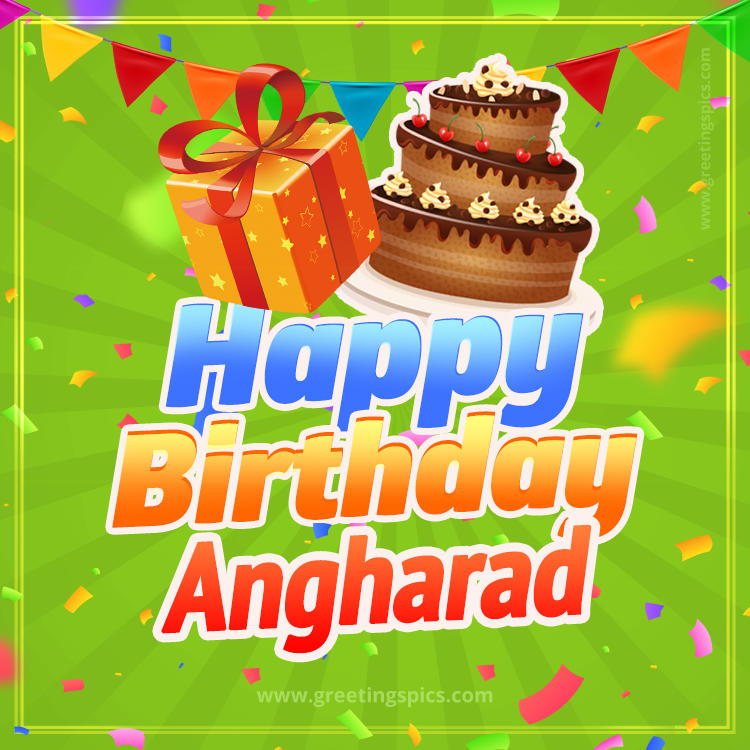 Happy Birthday Angharad picture with flags, chocolate cake and gift box (square shape image)