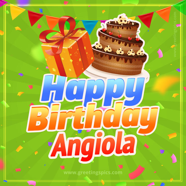 Happy Birthday Angiola picture with flags, chocolate cake and gift box (square shape image)