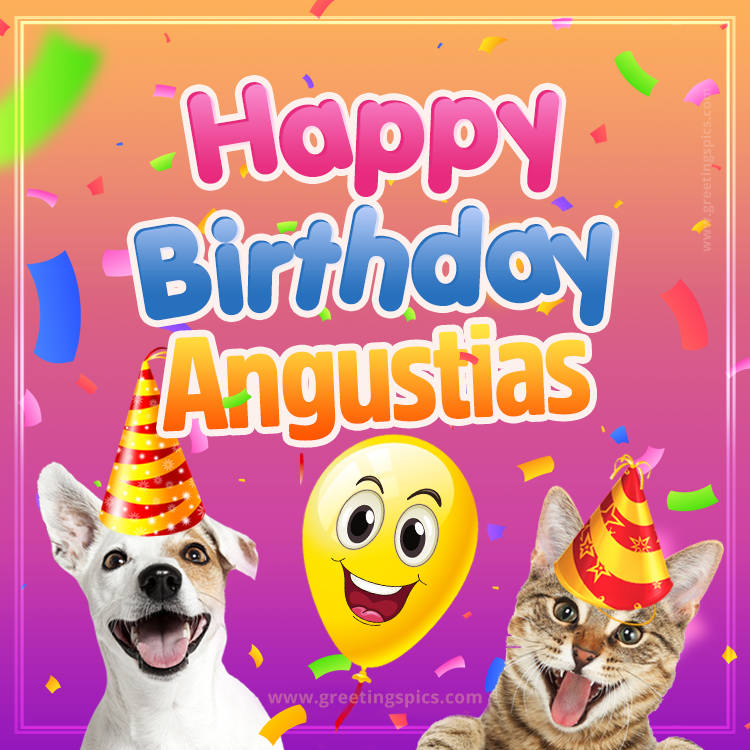 Happy Birthday Angustias Funny Image with cat and dog (square shape image)