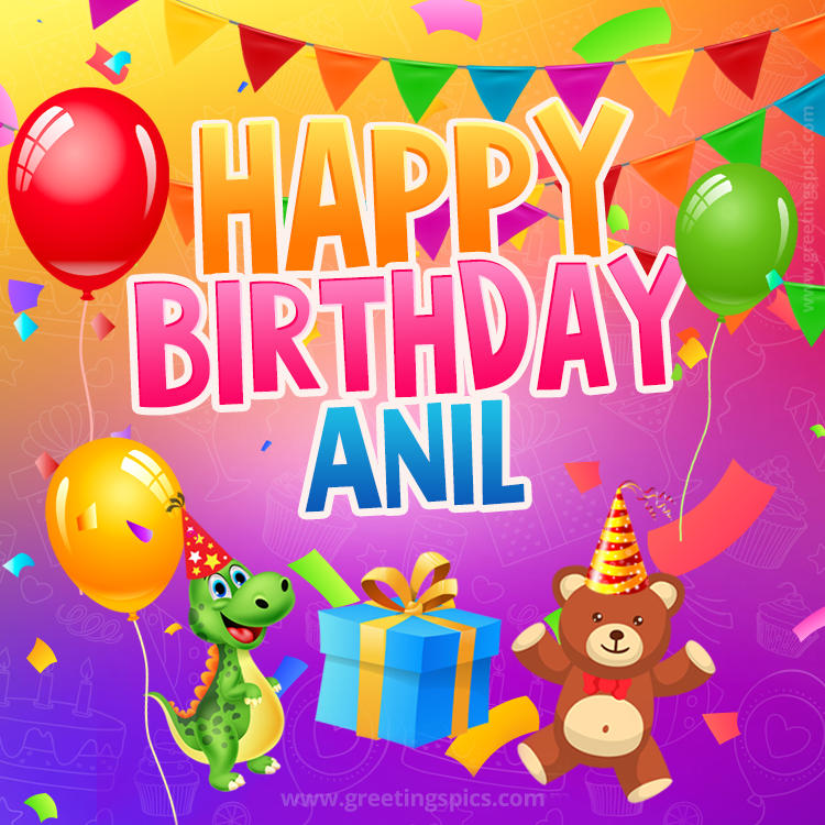 Happy Birthday Anil Image for a child with cute baby dinosaur and bear (square shape image)