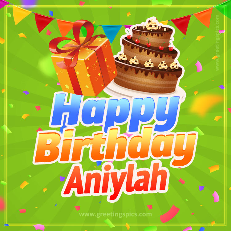 Happy Birthday Aniylah picture with flags, chocolate cake and gift box (square shape image)