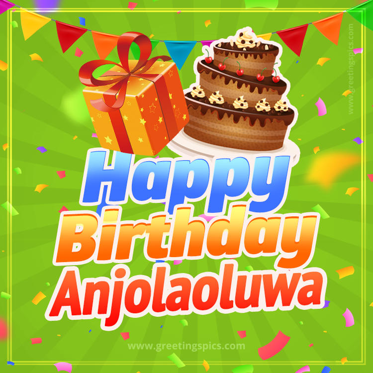 Happy Birthday Anjolaoluwa picture with flags, chocolate cake and gift box (square shape image)