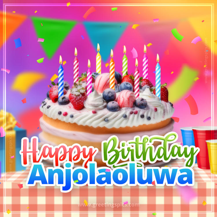 Happy Birthday Anjolaoluwa Colorful Image with fruit cake and candles (square shape image)