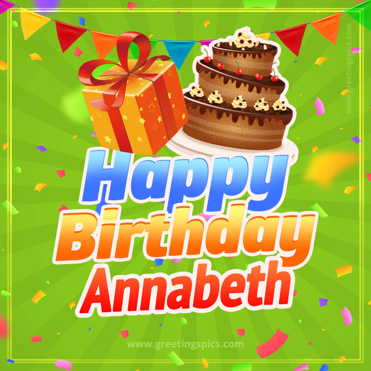 Happy Birthday Annabeth picture with flags, chocolate cake and gift box (square shape image)