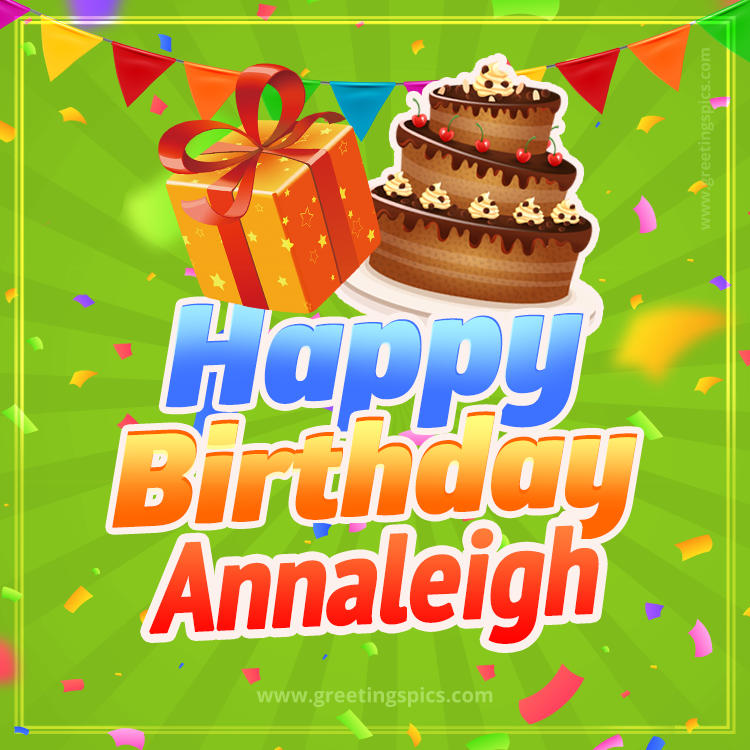 Happy Birthday Annaleigh picture with flags, chocolate cake and gift box (square shape image)