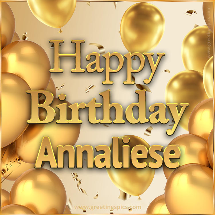 Happy Birthday Annaliese Card with golden confetti and balloons (square shape image)