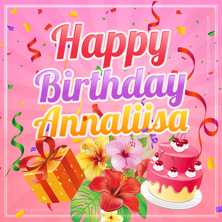 Beautiful Birthday Card for Annaliisa with Cake and bouquet of flowers (square shape image)