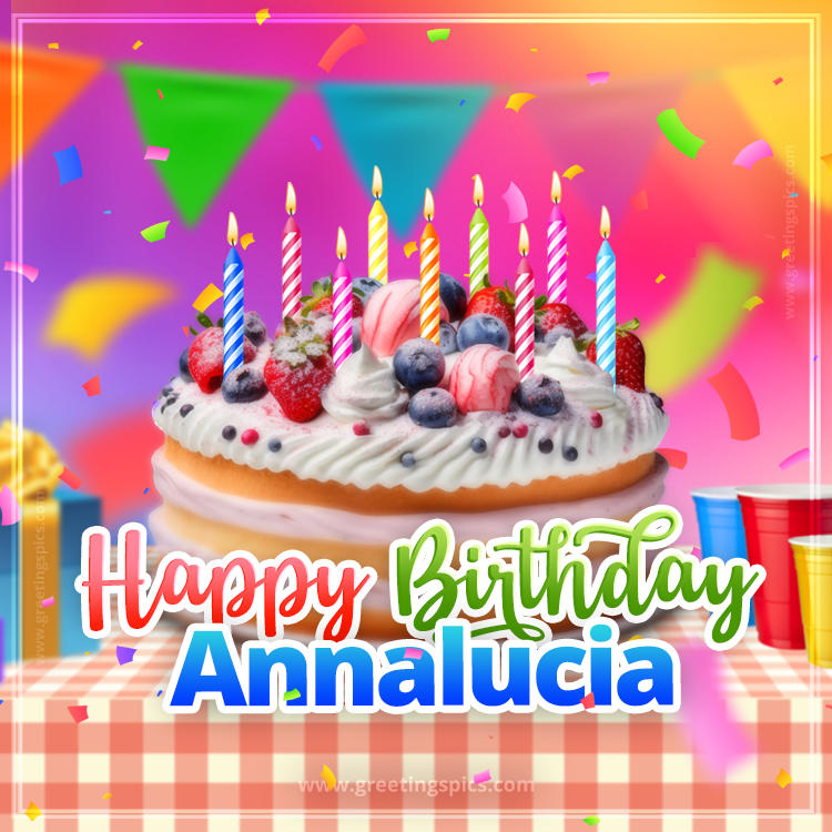 Happy Birthday Annalucia Colorful Image with fruit cake and candles (square shape image)