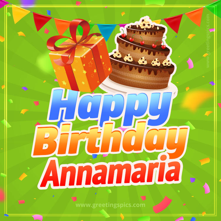 Happy Birthday Annamaria picture with flags, chocolate cake and gift box (square shape image)