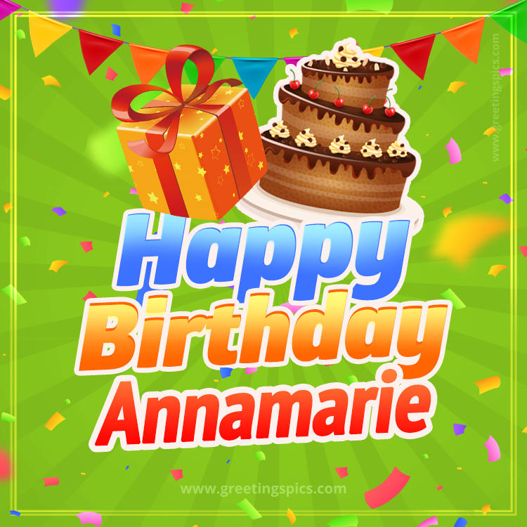 Happy Birthday Annamarie picture with flags, chocolate cake and gift box (square shape image)