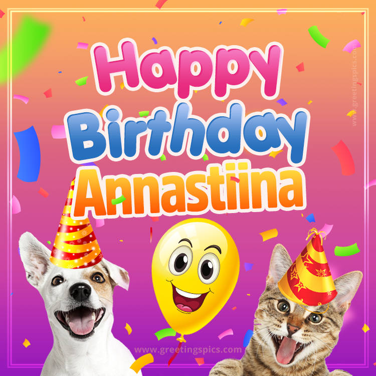 Happy Birthday Annastiina Funny Image with cat and dog (square shape image)