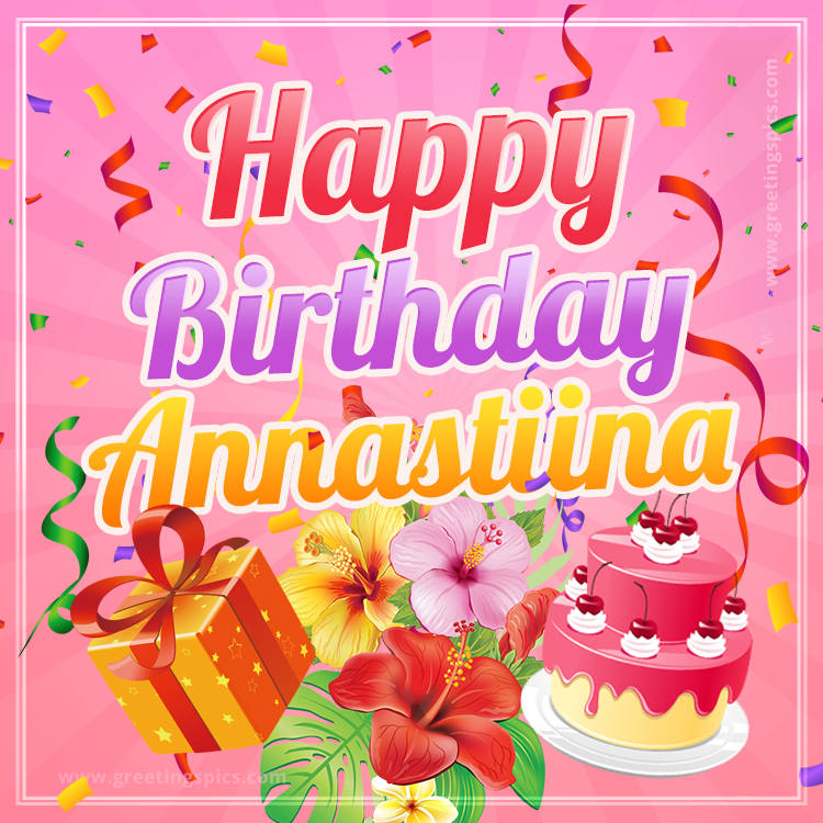 Beautiful Birthday Card for Annastiina with Cake and bouquet of flowers (square shape image)