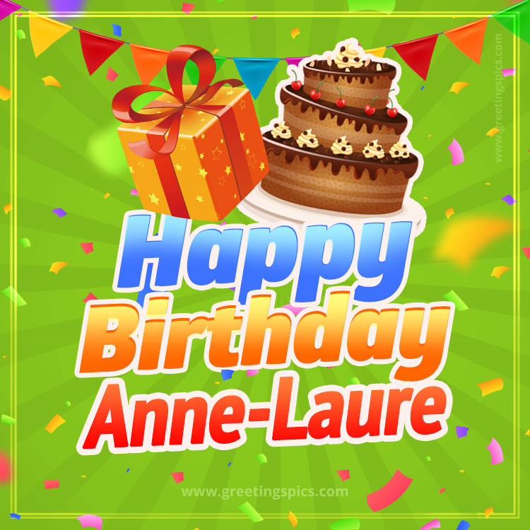 Happy Birthday Anne-Laure picture with flags, chocolate cake and gift box (square shape image)
