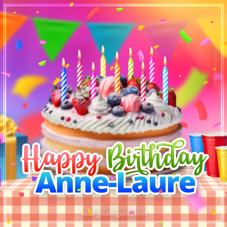 Happy Birthday Anne-Laure Colorful Image with fruit cake and candles (square shape image)