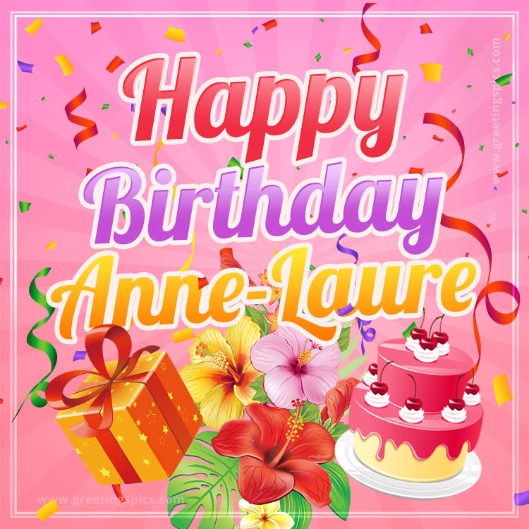 Beautiful Birthday Card for Anne-Laure with Cake and bouquet of flowers (square shape image)