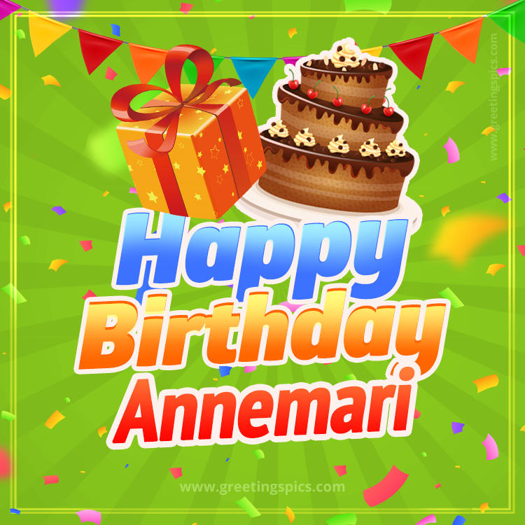 Happy Birthday Annemari picture with flags, chocolate cake and gift box (square shape image)