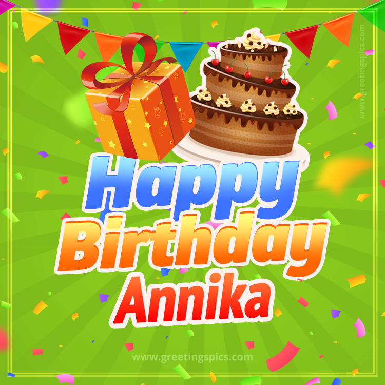 Happy Birthday Annika picture with flags, chocolate cake and gift box (square shape image)