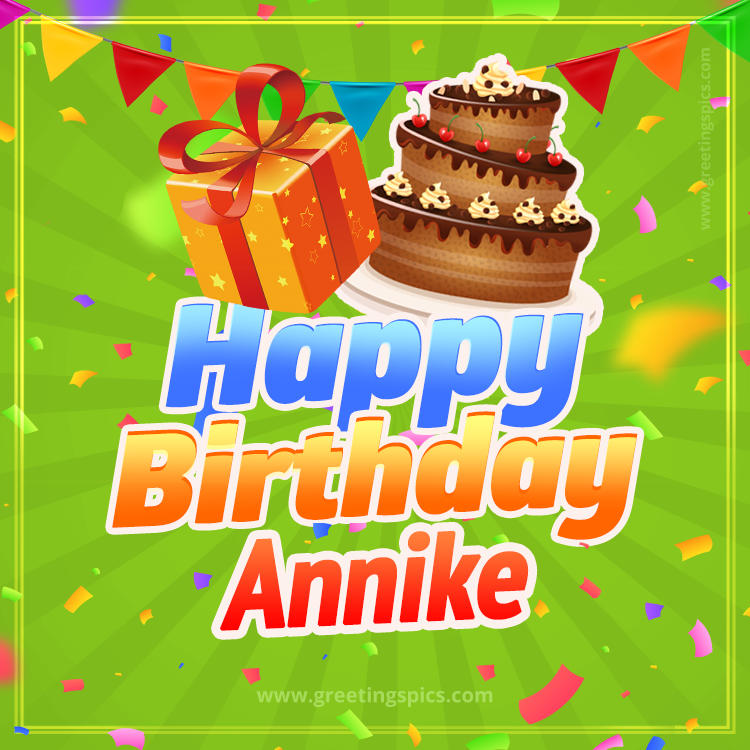 Happy Birthday Annike picture with flags, chocolate cake and gift box (square shape image)