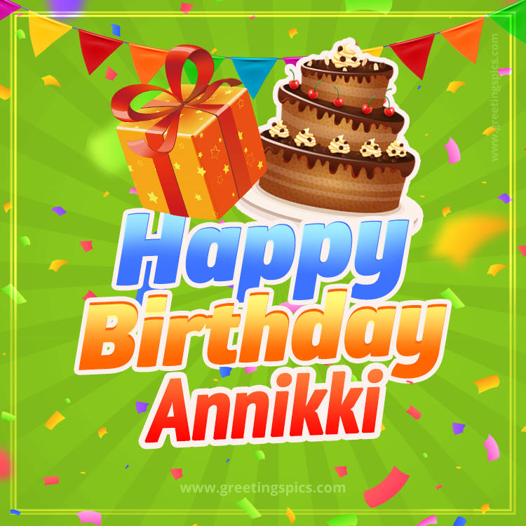 Happy Birthday Annikki picture with flags, chocolate cake and gift box (square shape image)