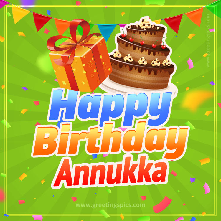 Happy Birthday Annukka picture with flags, chocolate cake and gift box (square shape image)