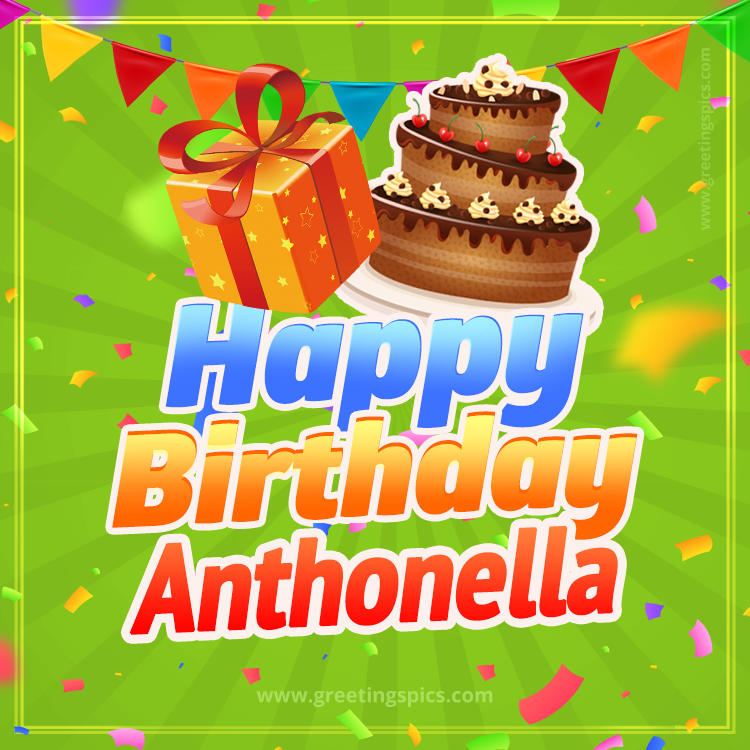 Happy Birthday Anthonella picture with flags, chocolate cake and gift box (square shape image)